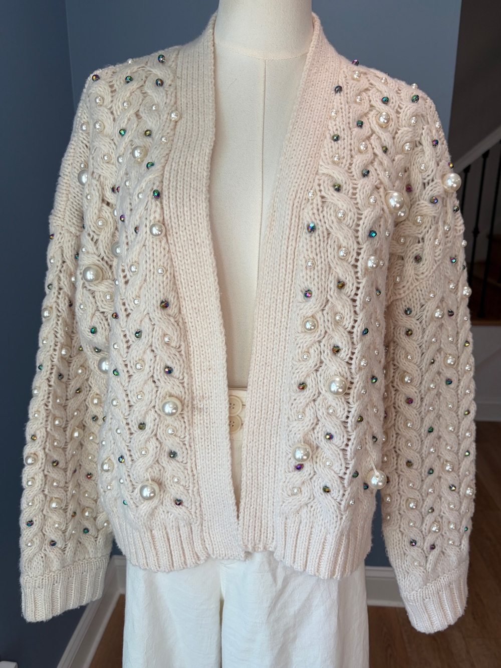 Anthropologie Pearl Rhinestone Cable Knit Cardigan Ivory One Size Embellished